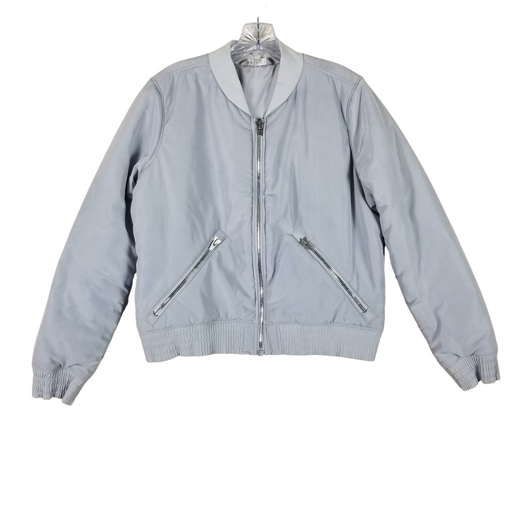 Athleta Bomber Jacket Women Medium Grey Full Zip Lightweight Pockets Ribbed Trim